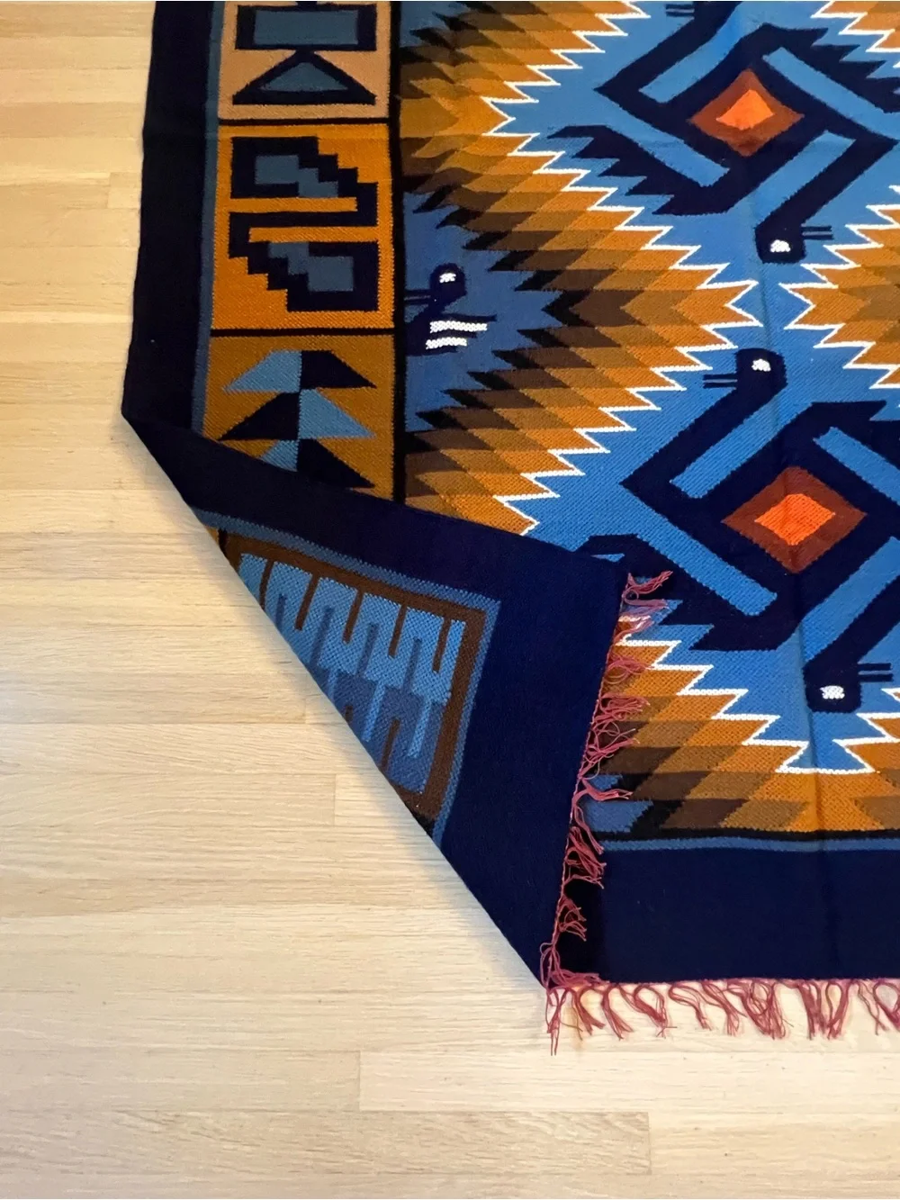Handwoven Geometric Peruvian Rug in Blue and Brown 60”x44”